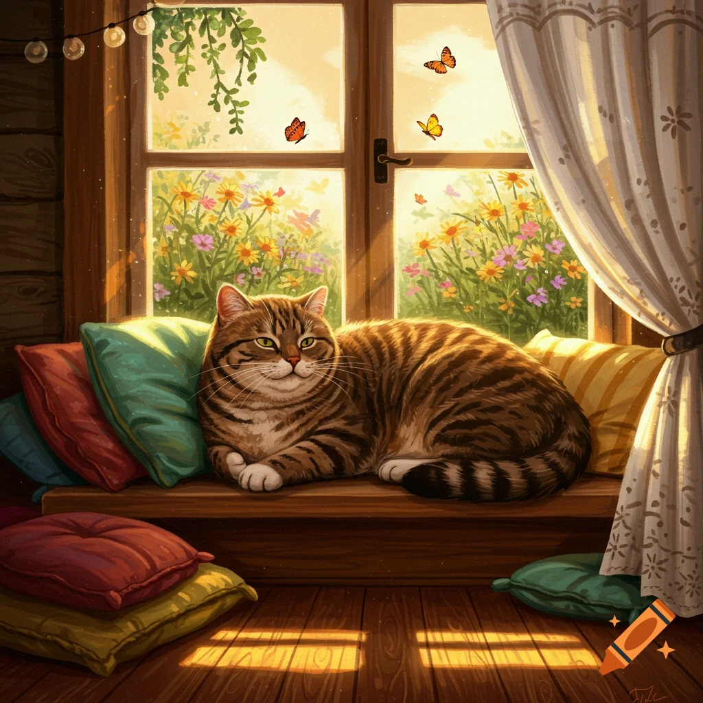A fluffy tabby cat rests on a window seat with colorful pillows, looking out at a sunlit garden with flowers and butterflies.