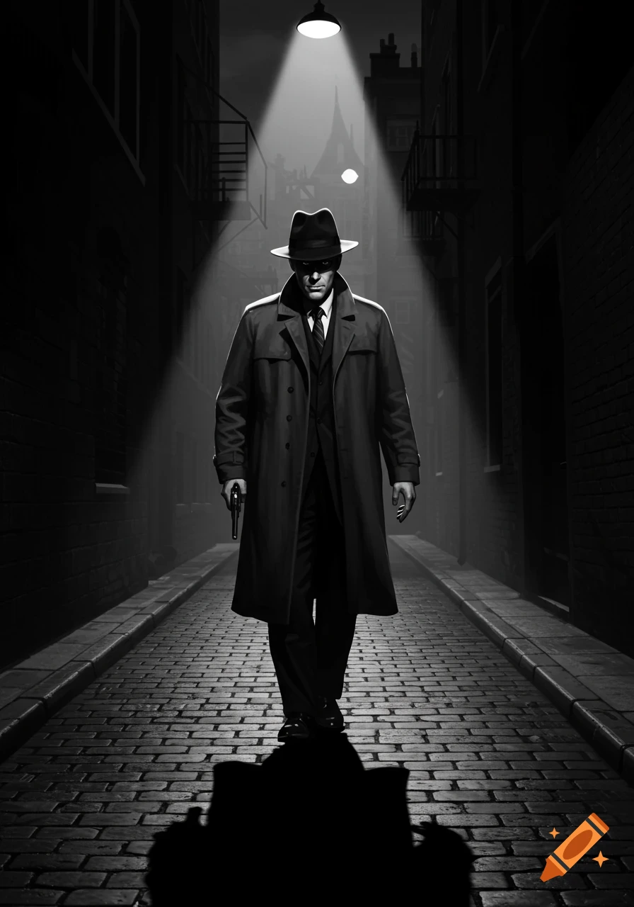 Black and white image of a noir detective in a trench coat and fedora, holding a gun, walking down a dark, misty alley under a streetlamp.