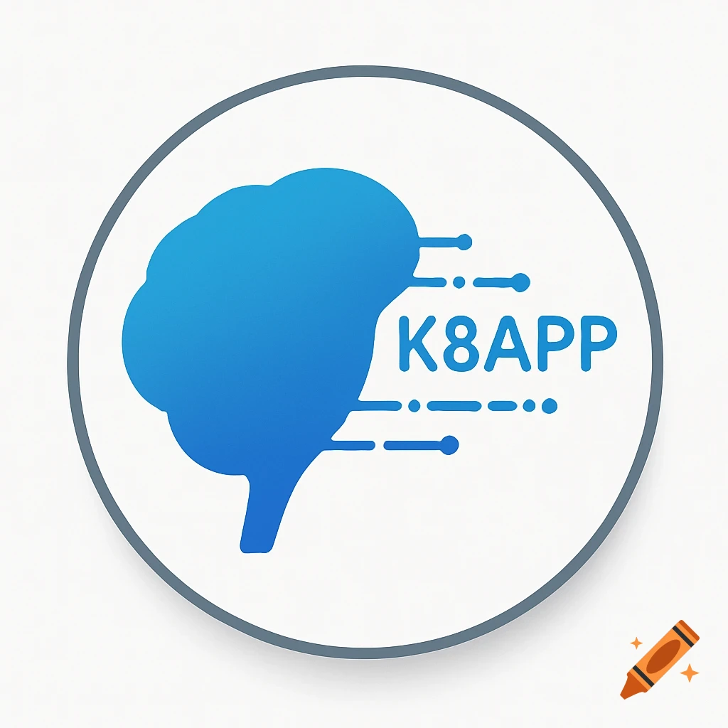 A blue brain silhouette with the text K8APP and dotted lines, all within a white circular icon with a grey border. Modern flat design.