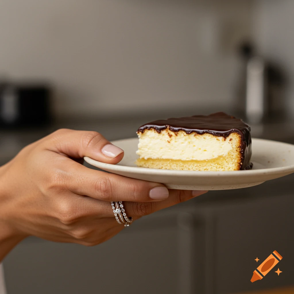A hand with a wedding ring holds a plate with a slice of Boston Cream Pie topped with chocolate glaze.