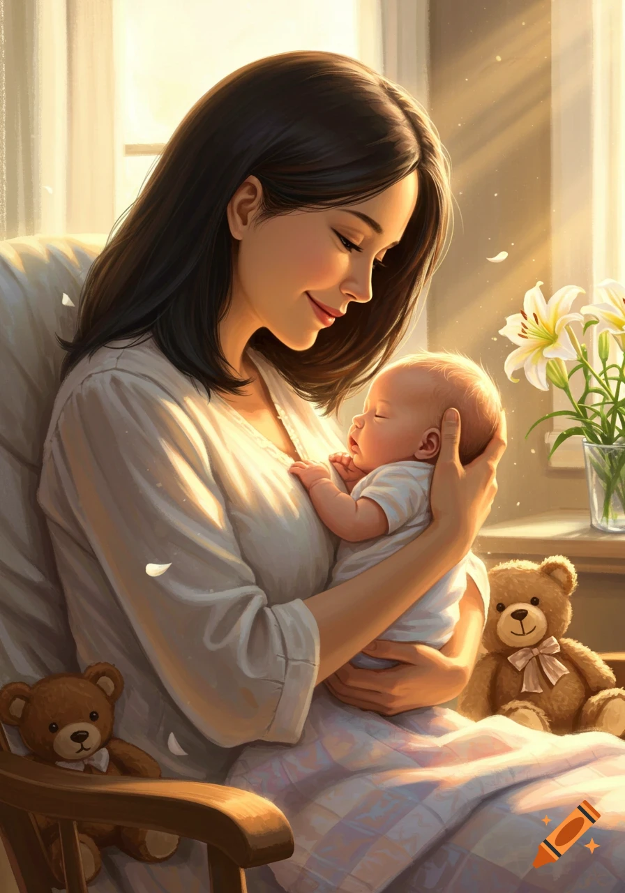 A stylized illustration of a mother gently holding her sleeping baby in warm sunlight, with flowers and teddy bears nearby.