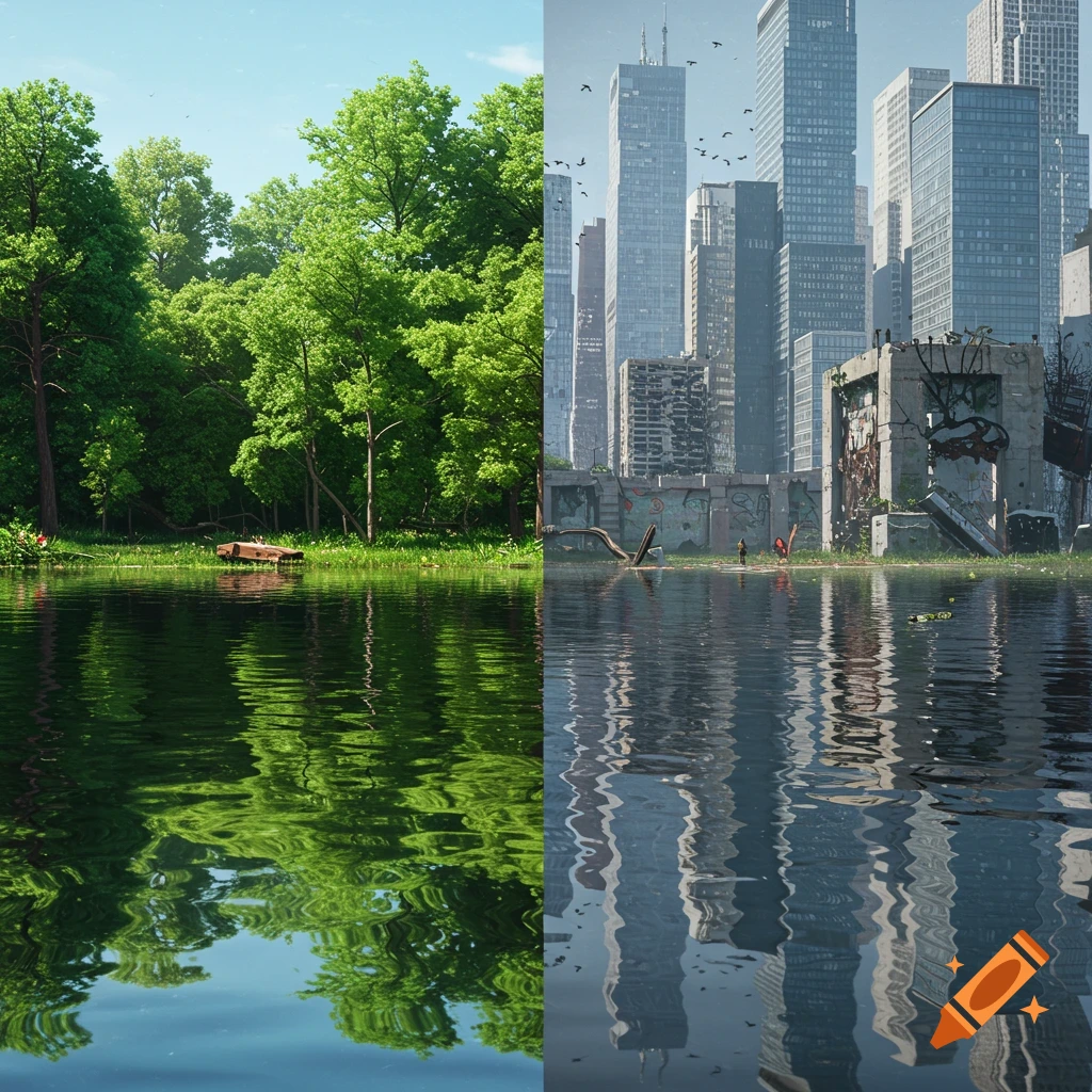 A vertical split image depicting a lush green forest reflected in a lake on the left, and a decaying city reflected in water on the right.