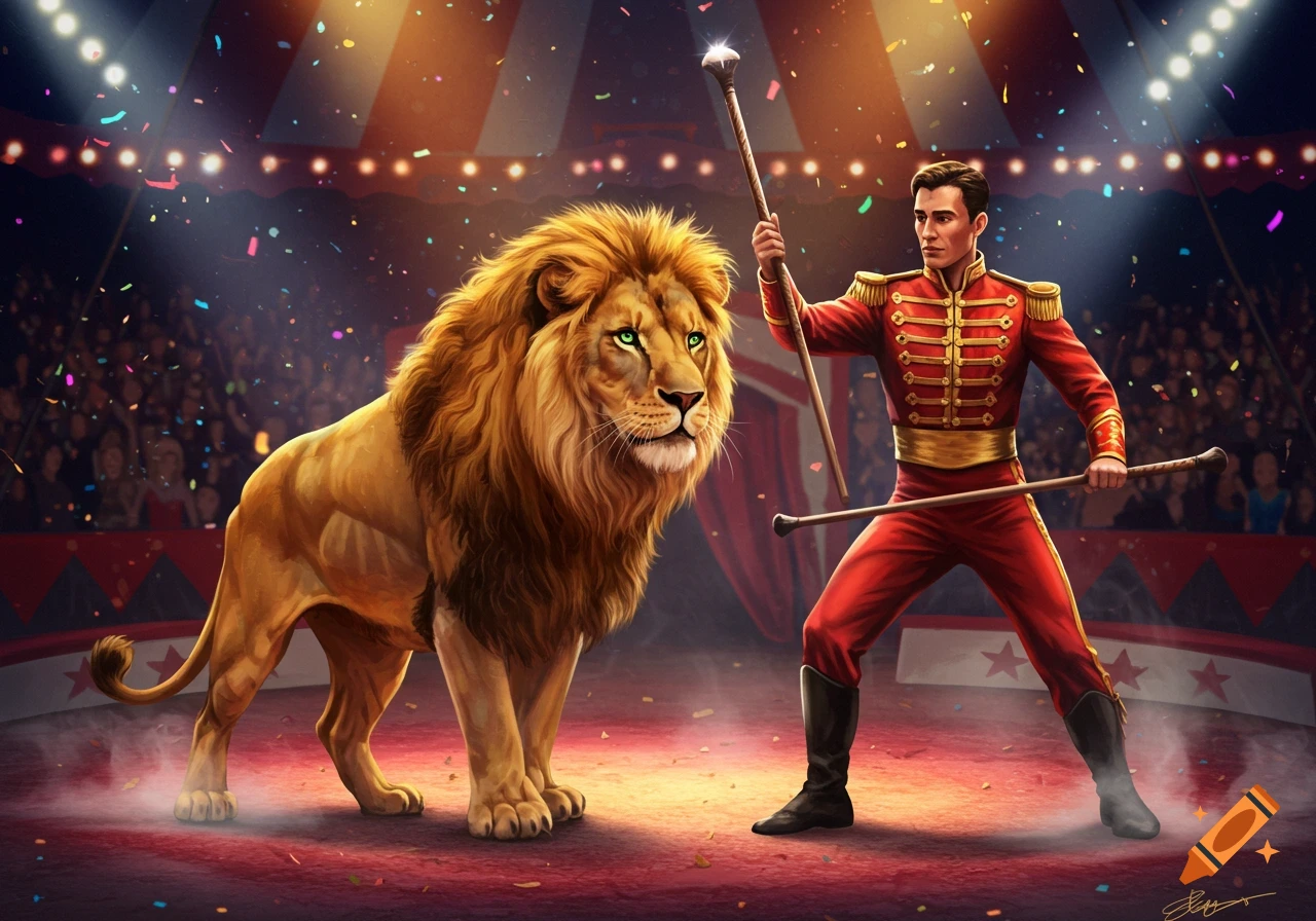 A lion tamer in a red uniform stands with a majestic lion in a brightly lit circus ring with confetti.