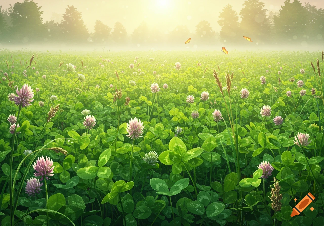 A vibrant clover field with pink and white flowers, two butterflies, and a misty, sunlit background.
