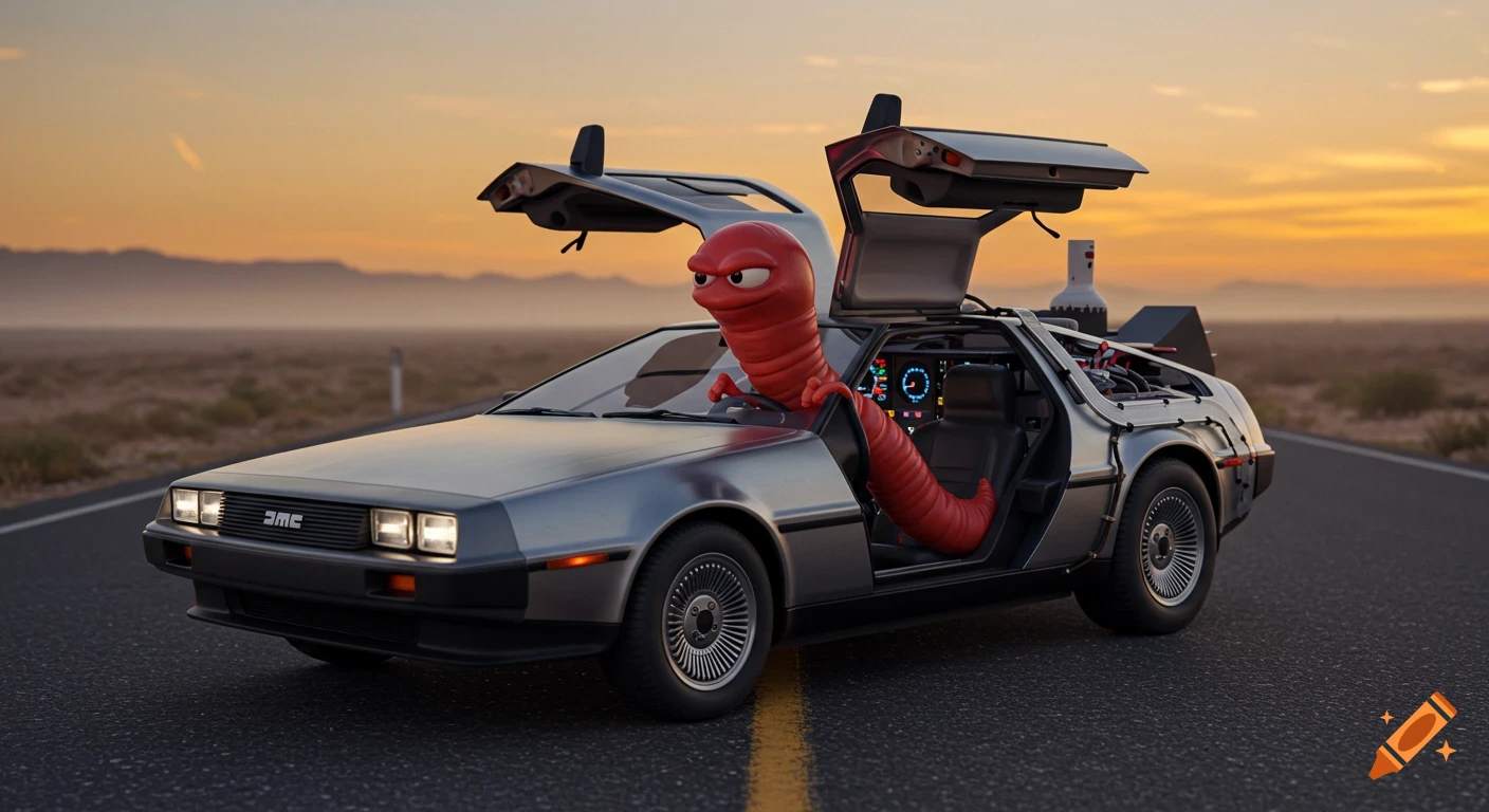 A red cartoon worm with an angry face driving a silver DeLorean on a desert road at sunset, with its gull-wing doors open.