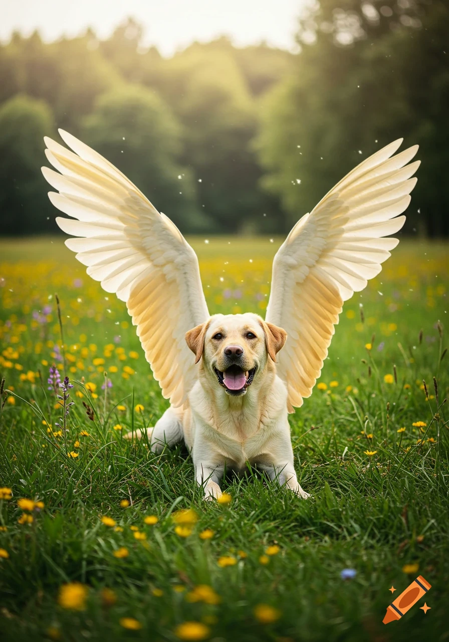 A happy yellow Labrador dog with white wings lies in a sunny green field filled with yellow flowers, in a photorealistic style.