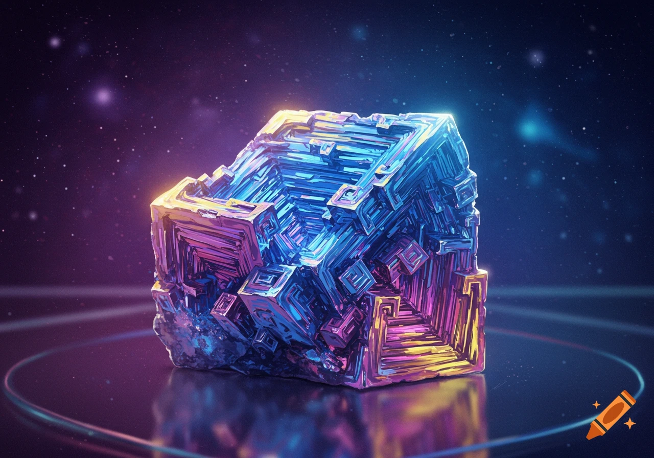 Vibrant, iridescent bismuth crystal block with geometric steps on a reflective surface against a starry cosmic background.