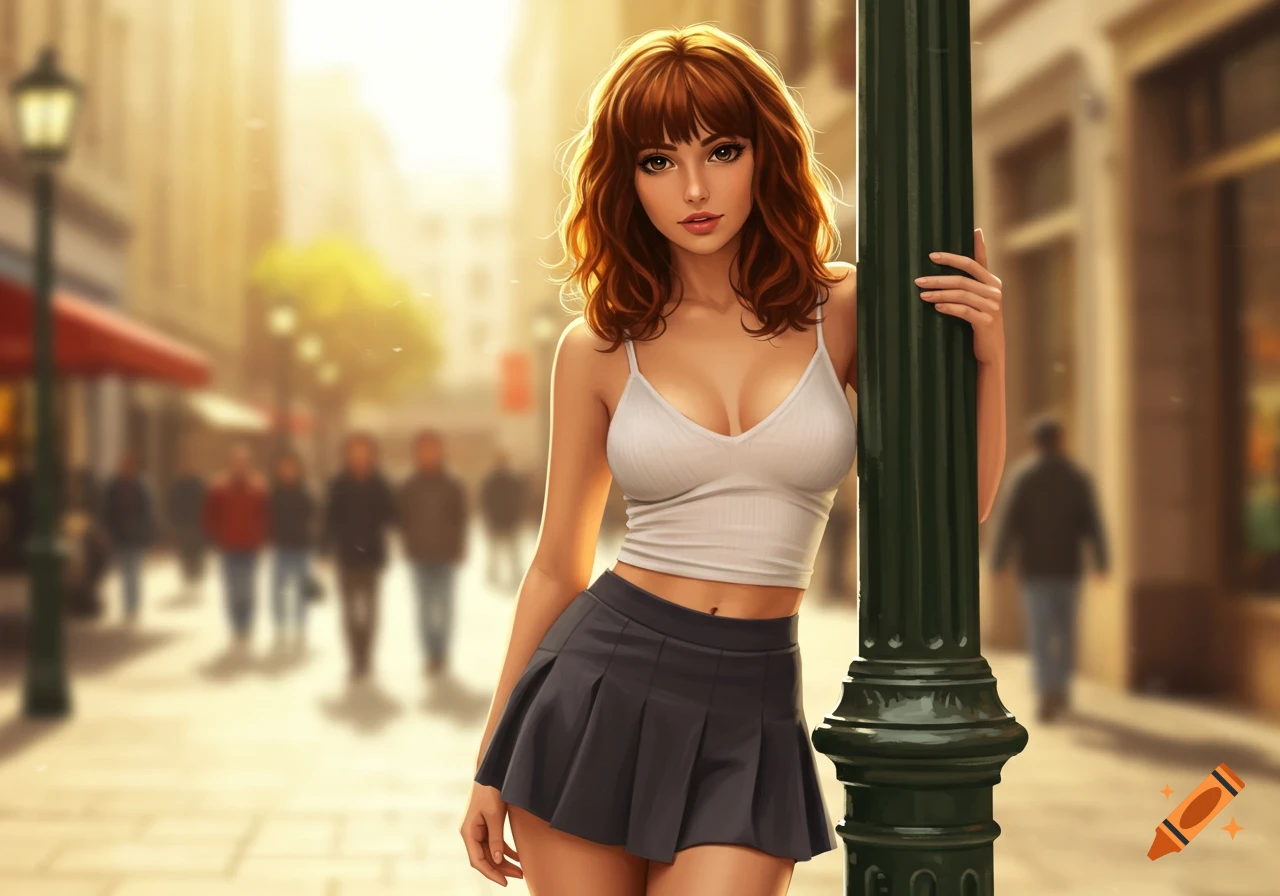 A slender, red-haired woman in a white tank top and gray miniskirt leans against a green lamppost on a sunny urban street, digital art.