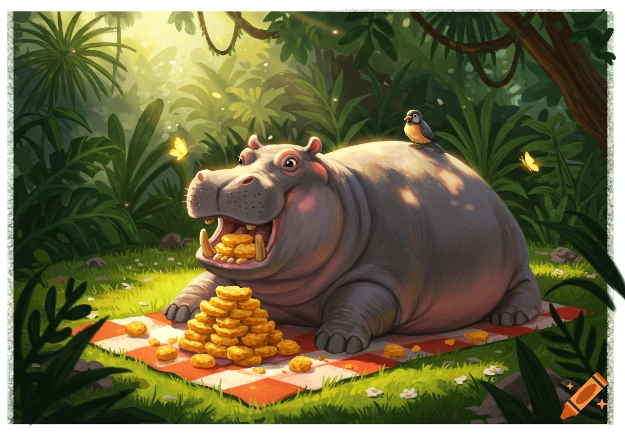A whimsical cartoon hippo with a huge smile eats a large pile of tater tots on a picnic blanket in a lush jungle.