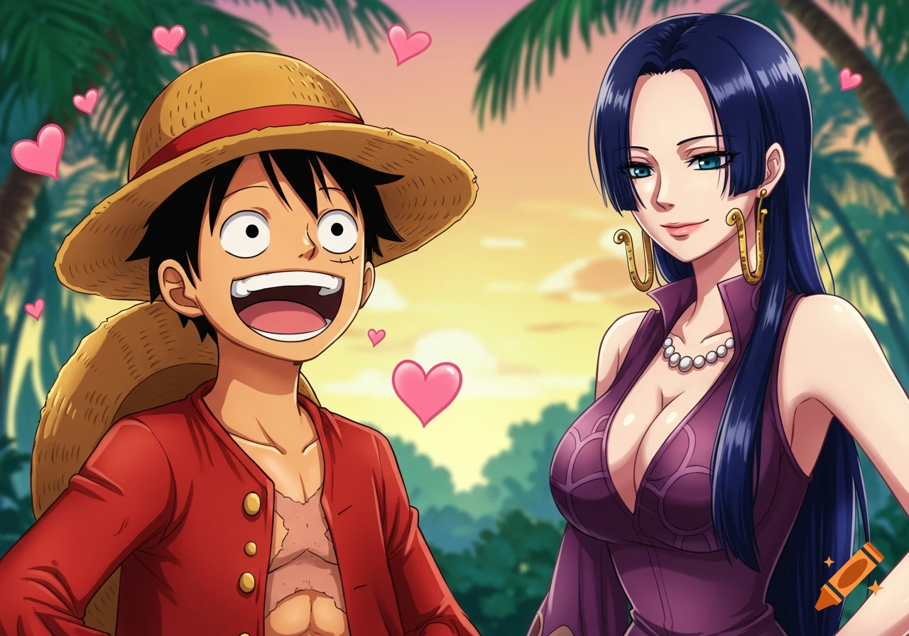 Anime style depiction of Luffy grinning at Boa Hancock, surrounded by pink hearts in a tropical setting at sunset.