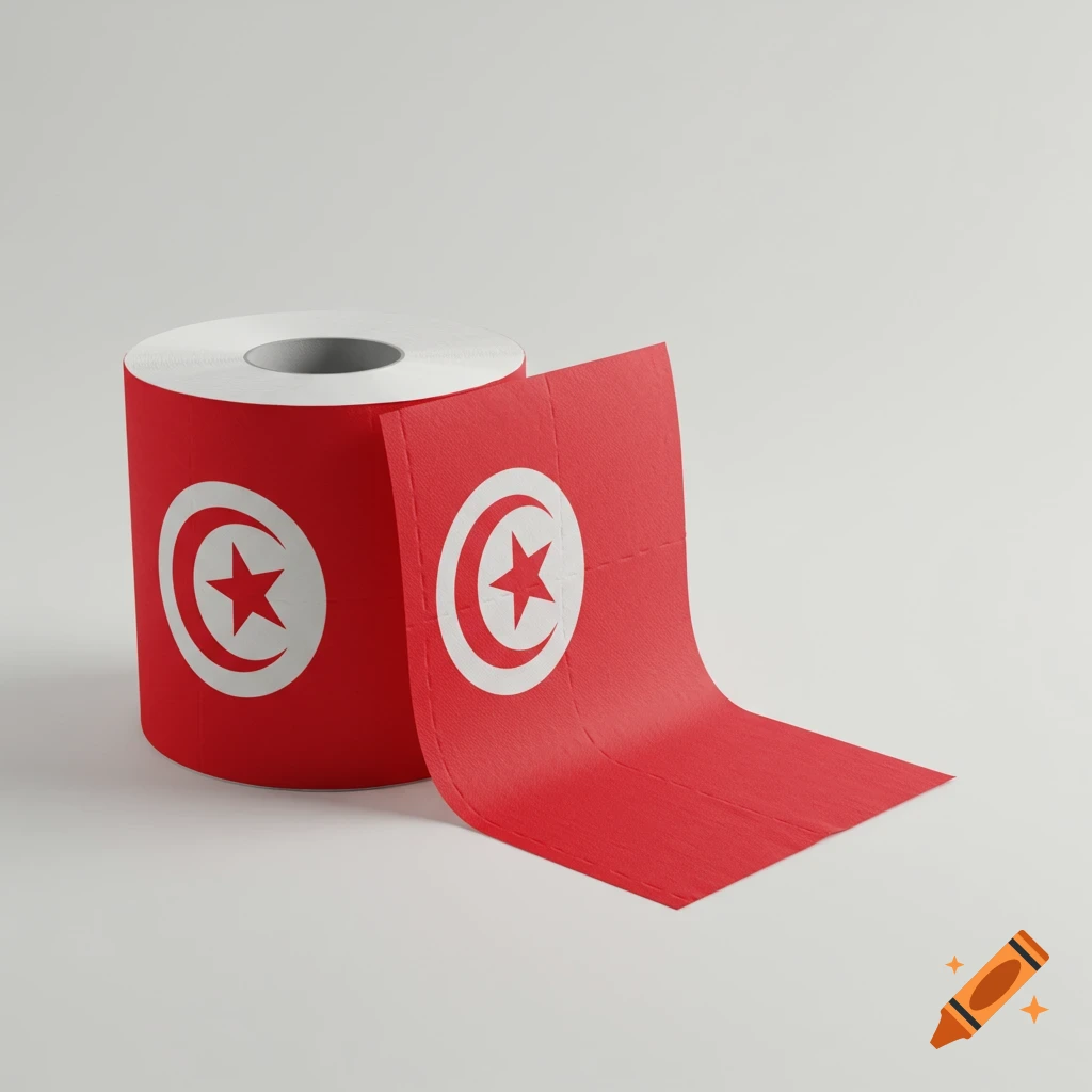 A roll of toilet paper featuring the red and white Tunisian flag design, partially unrolled, on a white background.