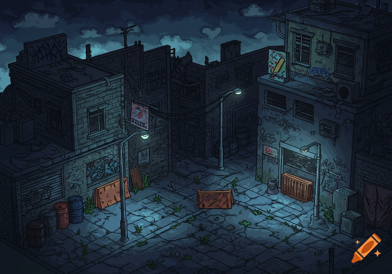 An 8-bit pixel art image of a dark, run-down alleyway at night with streetlights, graffiti, barrels, and dilapidated buildings.