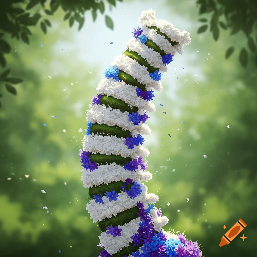 A vibrant floral sculpture of a spine, crafted from white, blue, and purple flowers, stands against a soft, green background with falling petals.