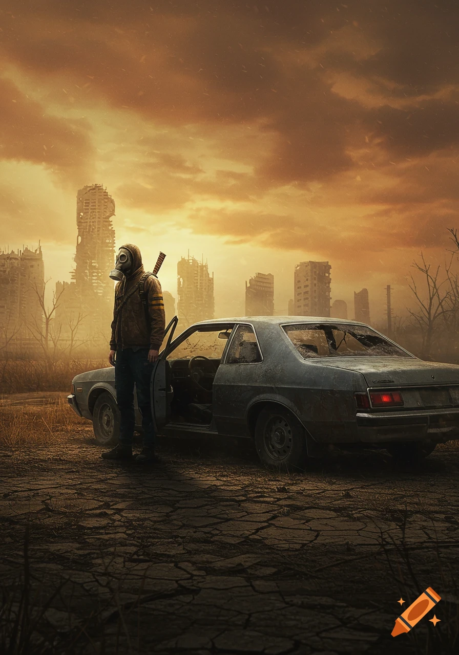Person in gas mask by a rusted car in a desolate, ruined city under an orange sky, post-apocalyptic.