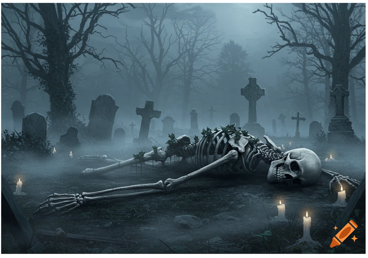 A skeleton covered in ivy lies on its side in a dark, misty graveyard with gravestones and bare trees, illuminated by candles.