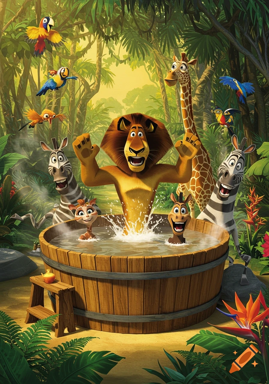 Alex the lion, Marty, and other Madagascar characters happily splash in a wooden hot tub in a vibrant jungle.