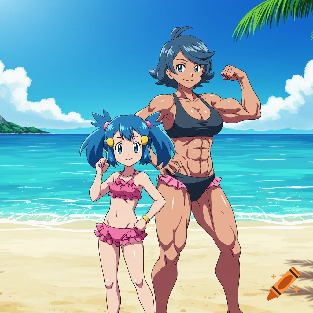 Anime image of Dawn and her muscular mother in swimsuits on a sunny beach, with the mother flexing her bicep.