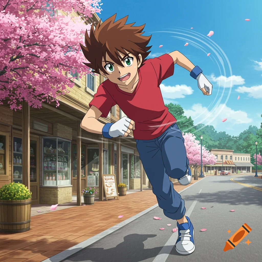 An anime boy with brown spiky hair and green eyes runs down a street lined with cherry blossom trees and shops.