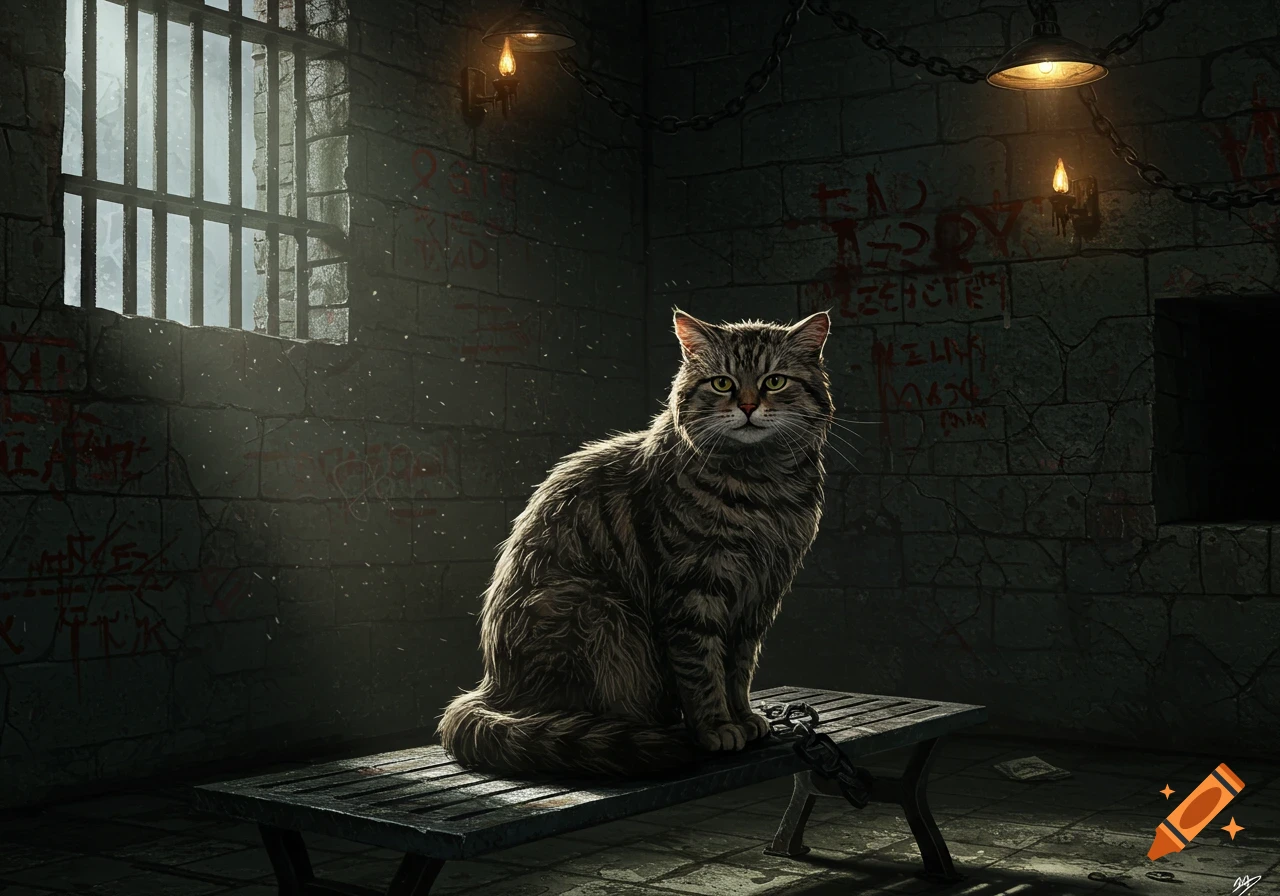 A realistic tabby cat sits on a metal bench in a dark, graffiti-covered prison cell, with light streaming from a barred window.