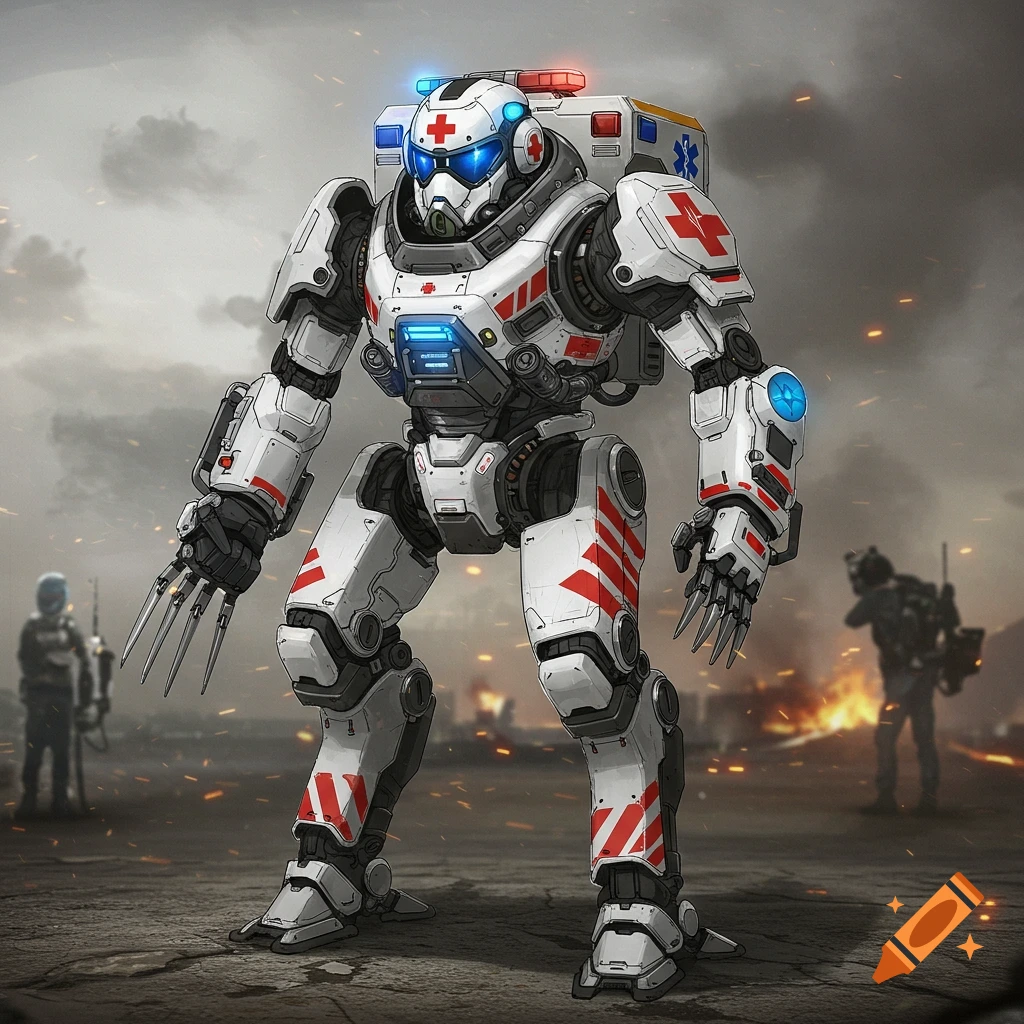 A futuristic white and red medical robot with glowing blue lights and clawed hands stands on a desolate battlefield with explosions.