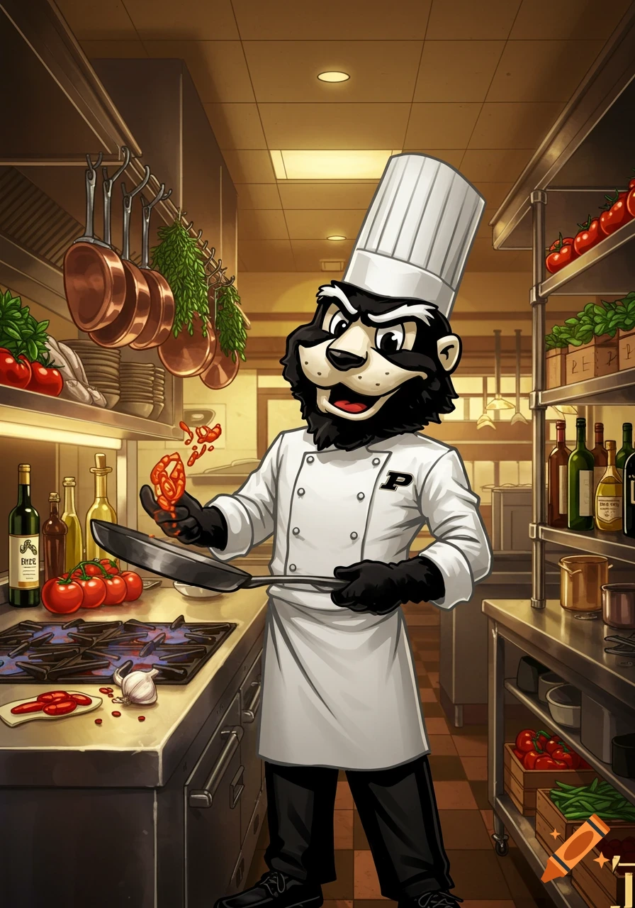 Cartoon badger mascot, Boiler Pete, in a chef's uniform and hat, cooking with a pan in a detailed restaurant kitchen.