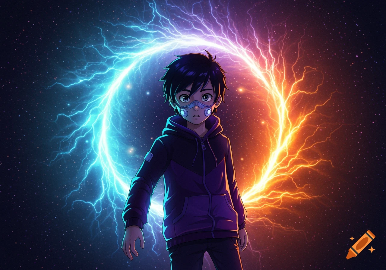 Anime boy in a black and purple hoodie and face mask stands before a vibrant blue and orange lightning portal in space.