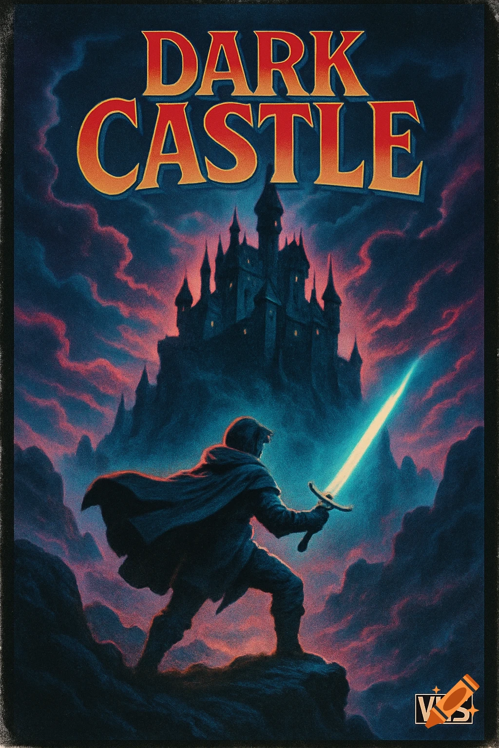 Retro VHS movie poster: Cloaked hero with a glowing sword faces a dark castle under dramatic clouds. Title 'DARK CASTLE'.
