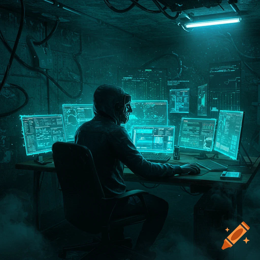 A masked hacker sits at a desk in a dark, high-tech room, surrounded by multiple glowing computer screens displaying code and data.