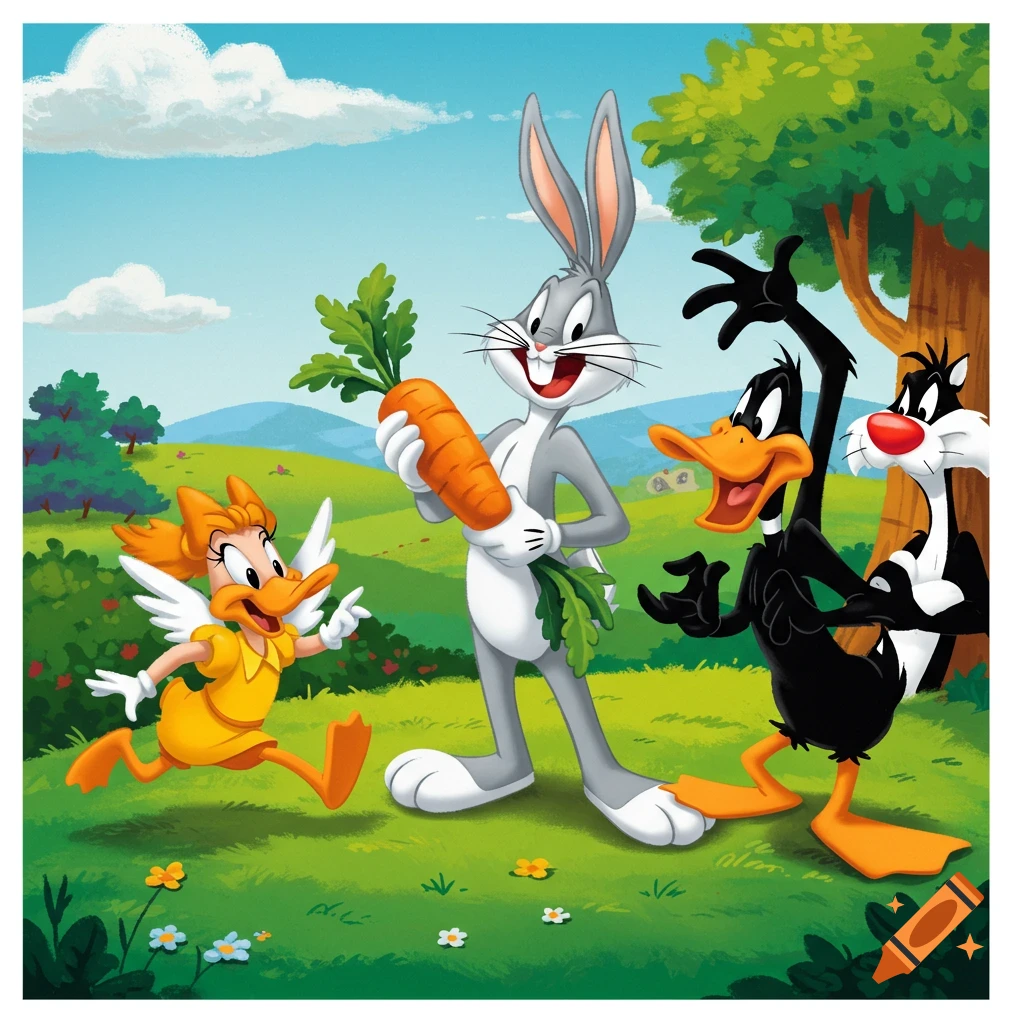Bugs Bunny holds a carrot while Daffy Duck, Sylvester, and a female duck look on in a vibrant animated cartoon landscape.