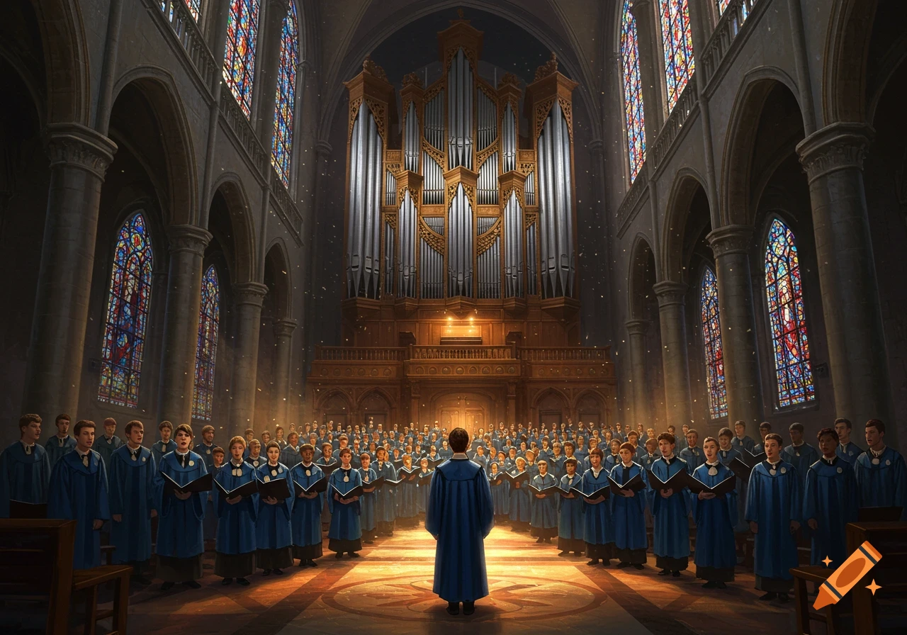 Large choir sings in a grand church with stained glass windows and a pipe organ.
