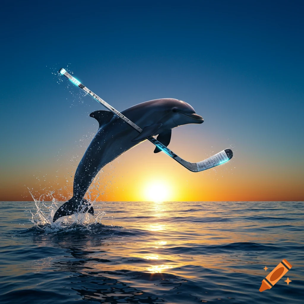 A photorealistic dolphin leaps out of the ocean at sunset, holding a hockey stick.