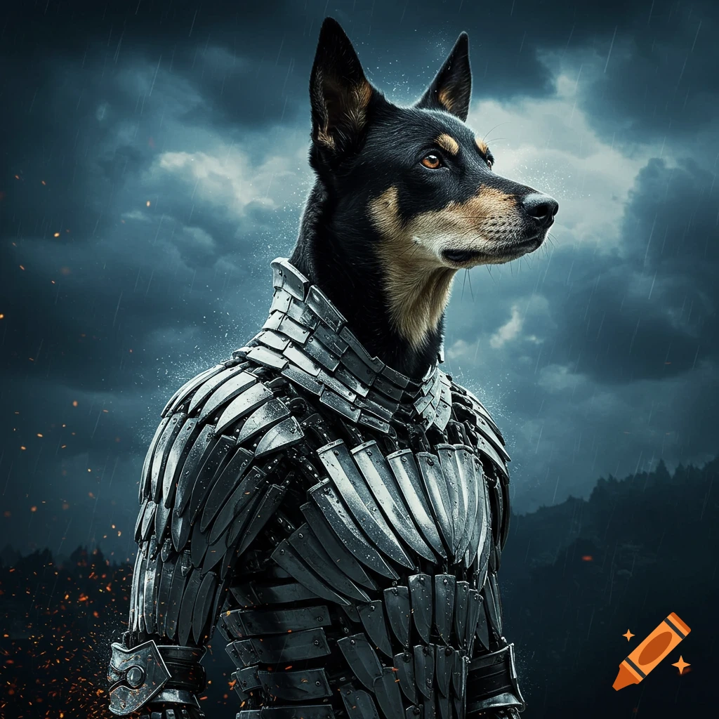 A black and tan dog in intricate armor made of knives stands under a dramatic, rainy sky with fire embers.