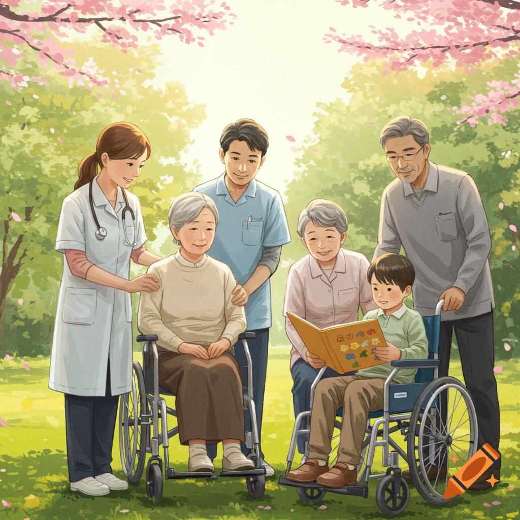 An illustration of caregivers with elderly people and a child in wheelchairs, reading in a park with cherry blossoms.