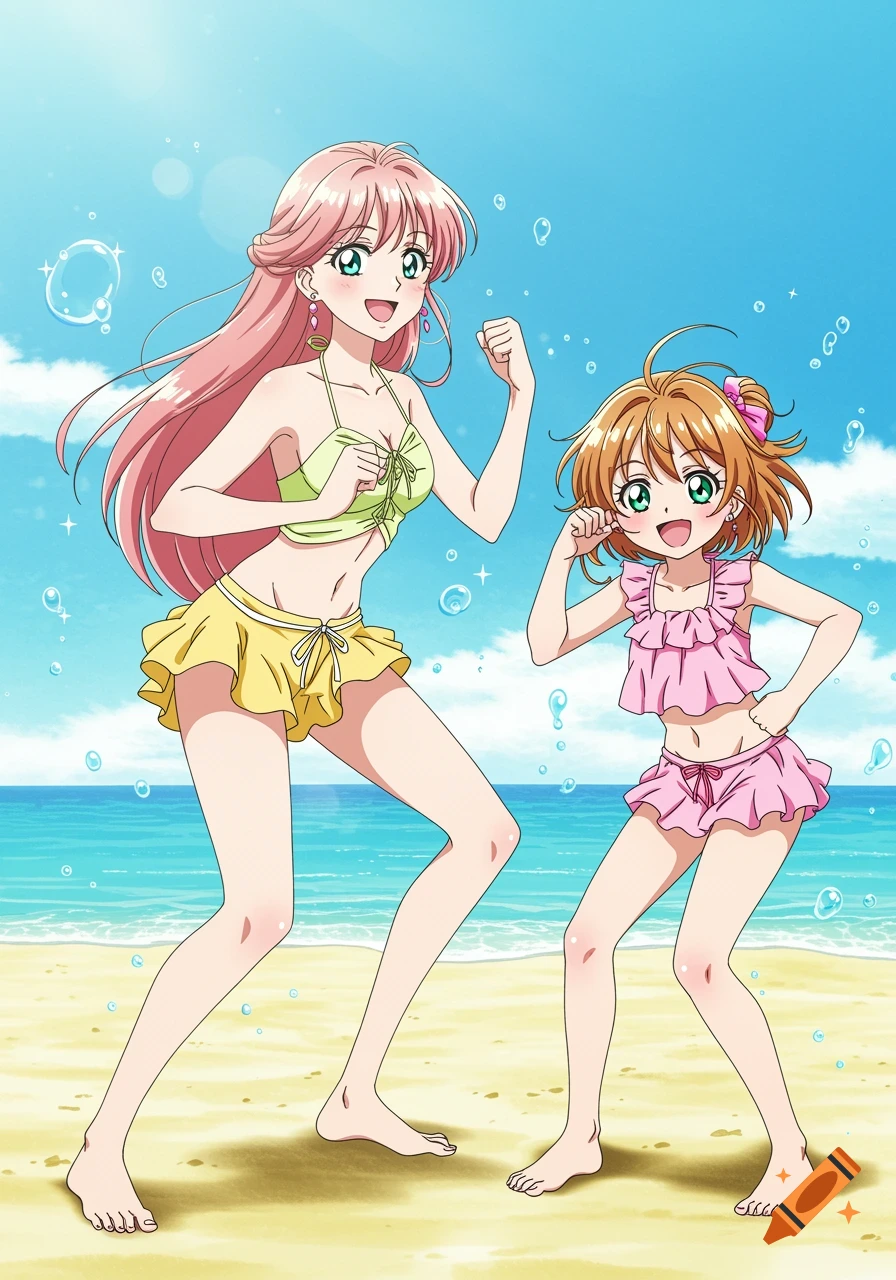 An anime mother and daughter in swimsuits smile and pose on a sunny beach.