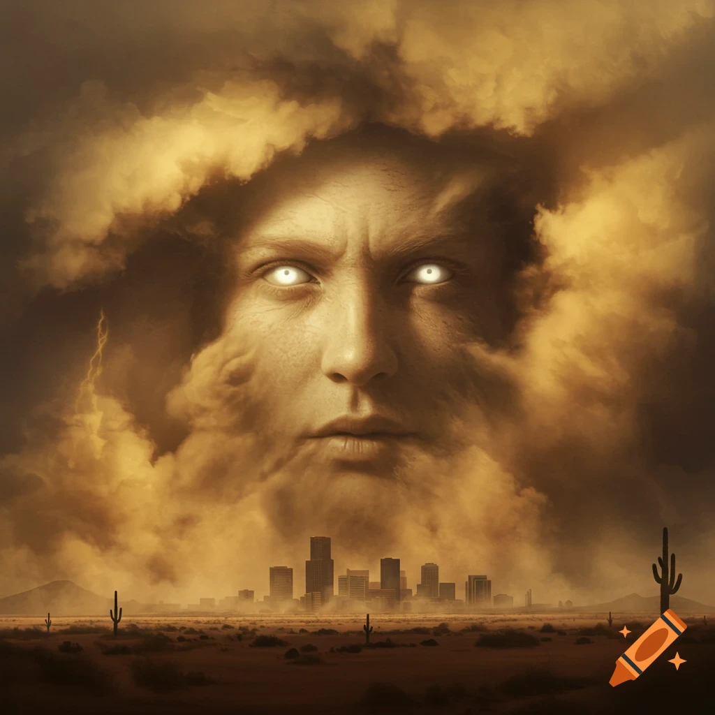 A giant, stern face with glowing eyes made of golden storm clouds looms over a desert city skyline, with lightning and cacti.