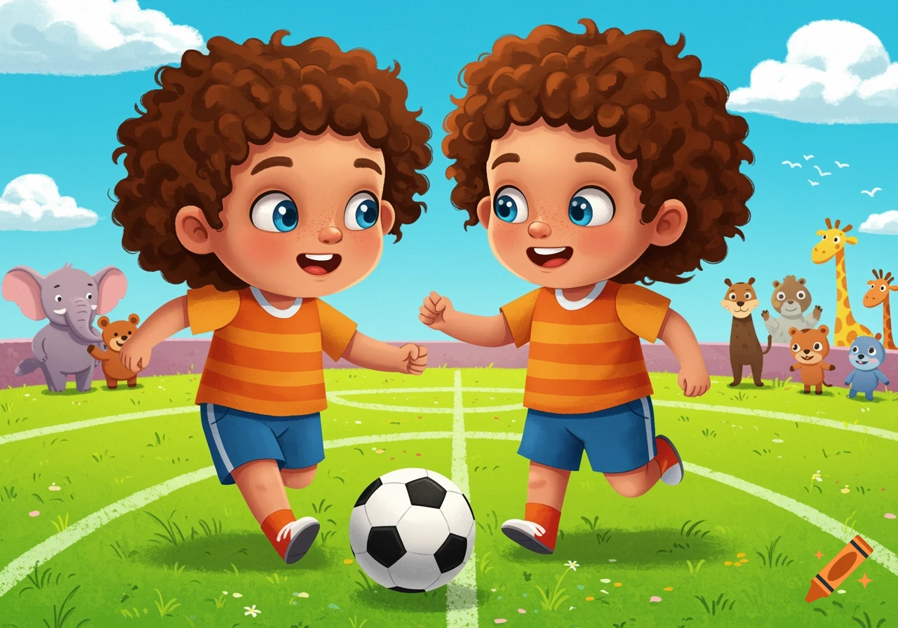 Two cheerful cartoon boys with curly brown hair play soccer on a green field, surrounded by various cartoon animals under a blue sky.