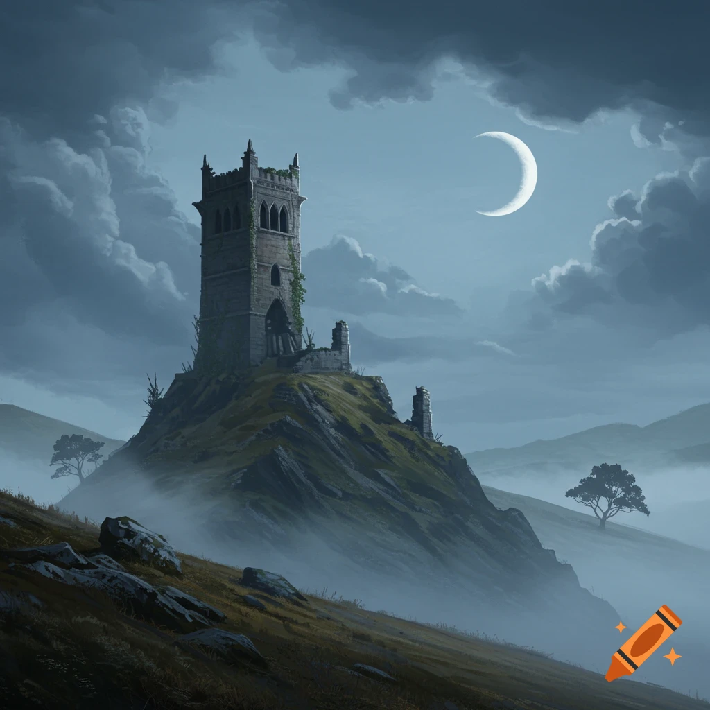 A ruined stone tower sits atop a misty, grassy hill under a crescent moon and cloudy night sky, in a fantasy art style.