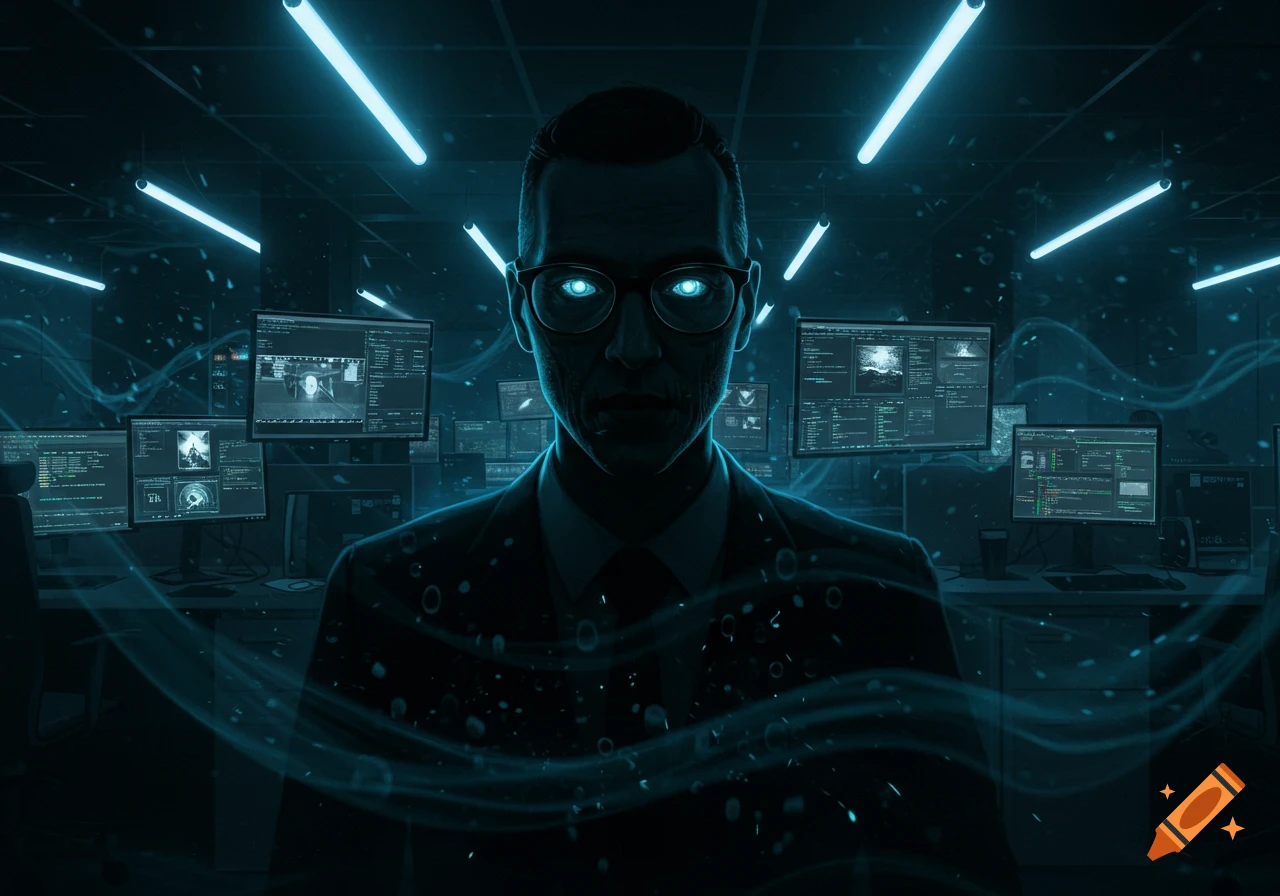 A dark figure with glowing blue eyes and glasses stands in a shadowy server room surrounded by computer screens displaying blue data, with glowing blue light waves.