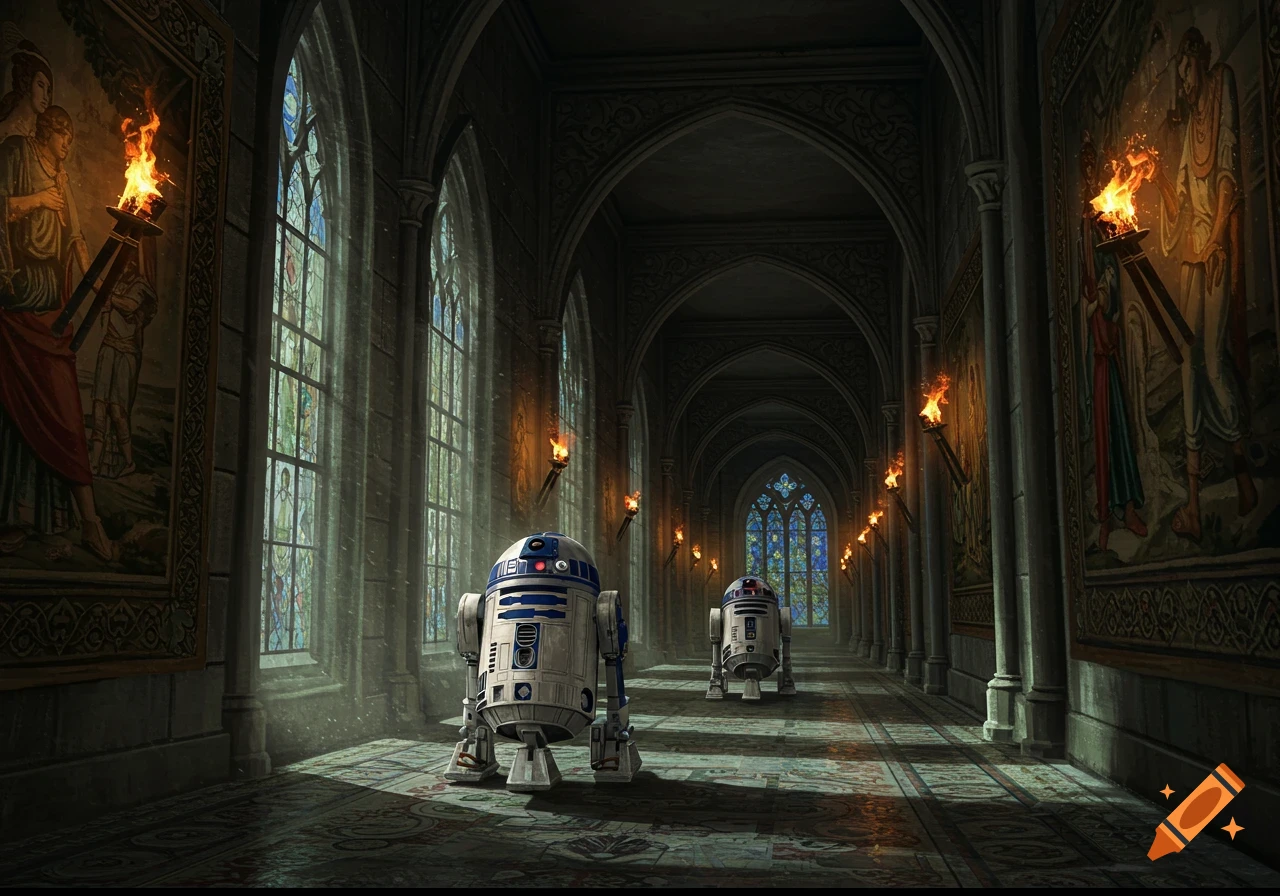 Two R2-D2 droids walk down a long, dark gothic castle hallway with tall stained-glass windows and torchlit religious paintings.