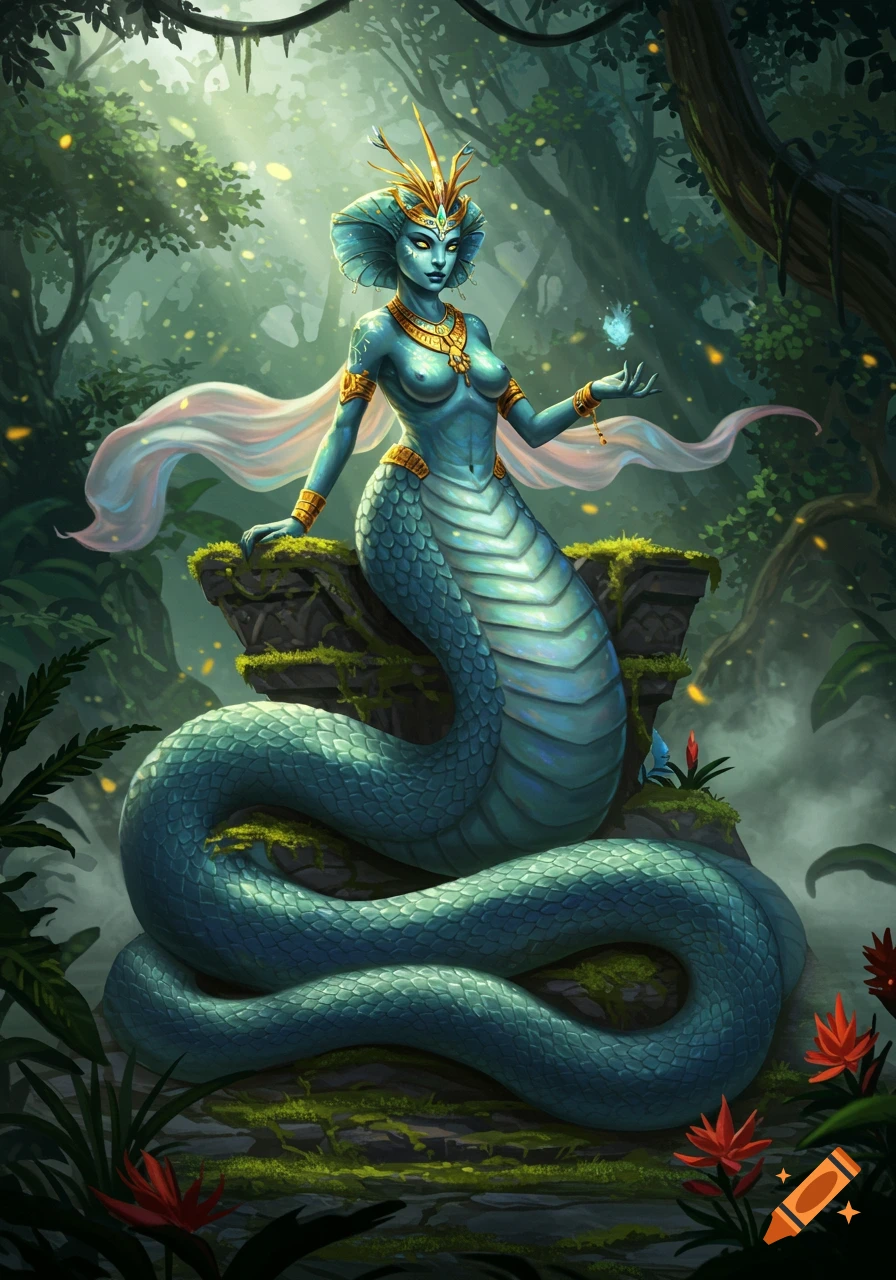 A blue-skinned Naga, a snake woman with gold jewelry, sits on a mossy stone in a lush jungle, holding a glowing butterfly.