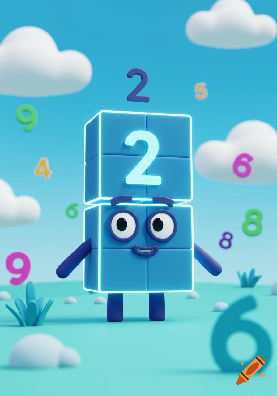 A blue character made of two blocks, with a glowing number '2' on its chest, stands in a cartoon landscape with other numbers floating around.