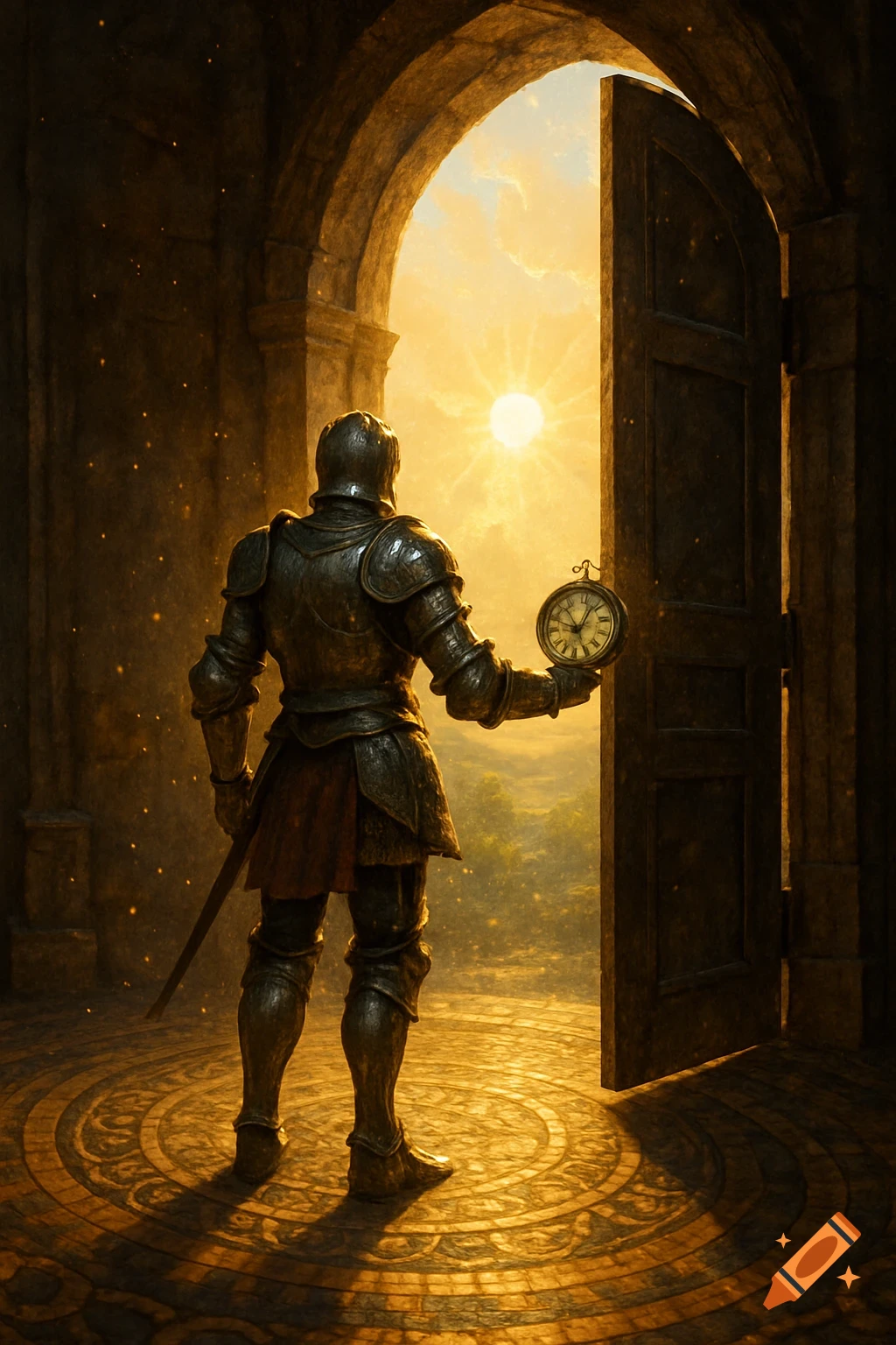 A knight in full armor stands in a stone archway, holding a pocket watch and looking out at a bright, golden landscape.