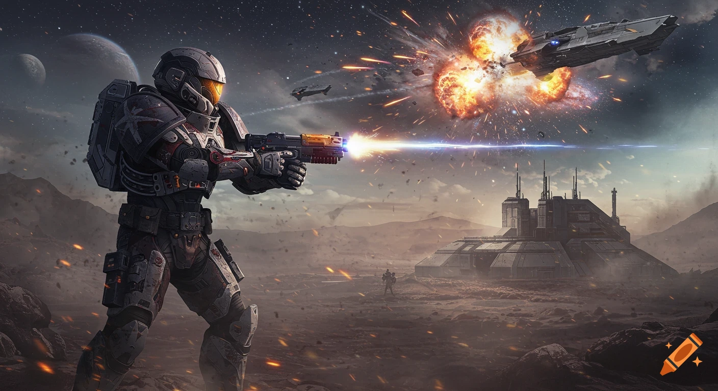 A battle-hardened space marine fires an energy pistol on an alien moon as starships explode above a futuristic outpost. Sci-fi, photorealistic.