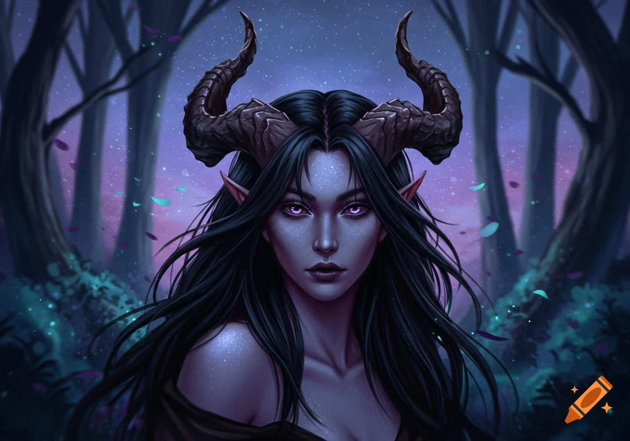 A digital painting of a tiefling woman with dark hair, purple skin, glowing eyes, and large horns, in an ethereal forest.