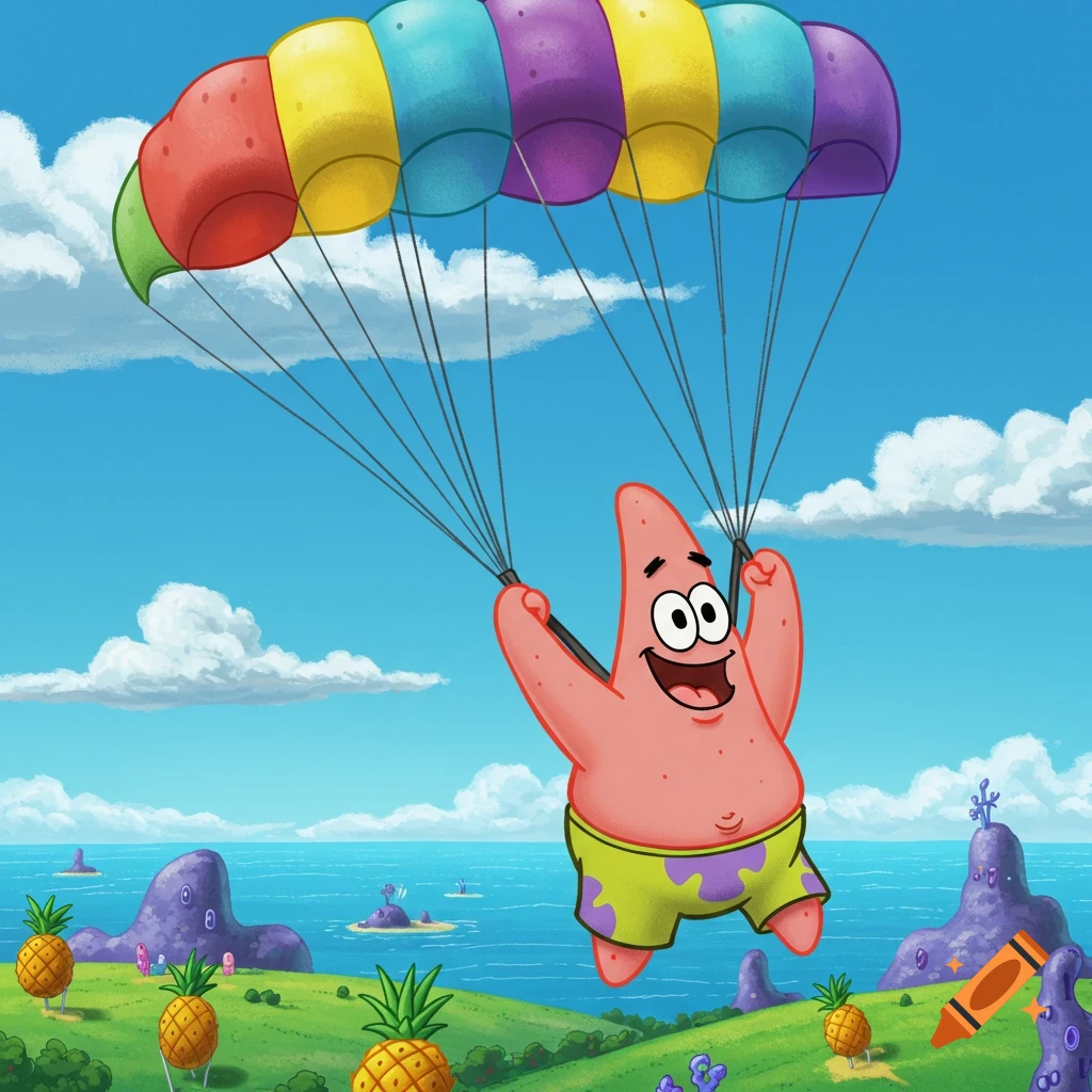 Patrick Star cheerfully parachutes over a tropical landscape with islands and pineapple plants, in a colorful cartoon style.