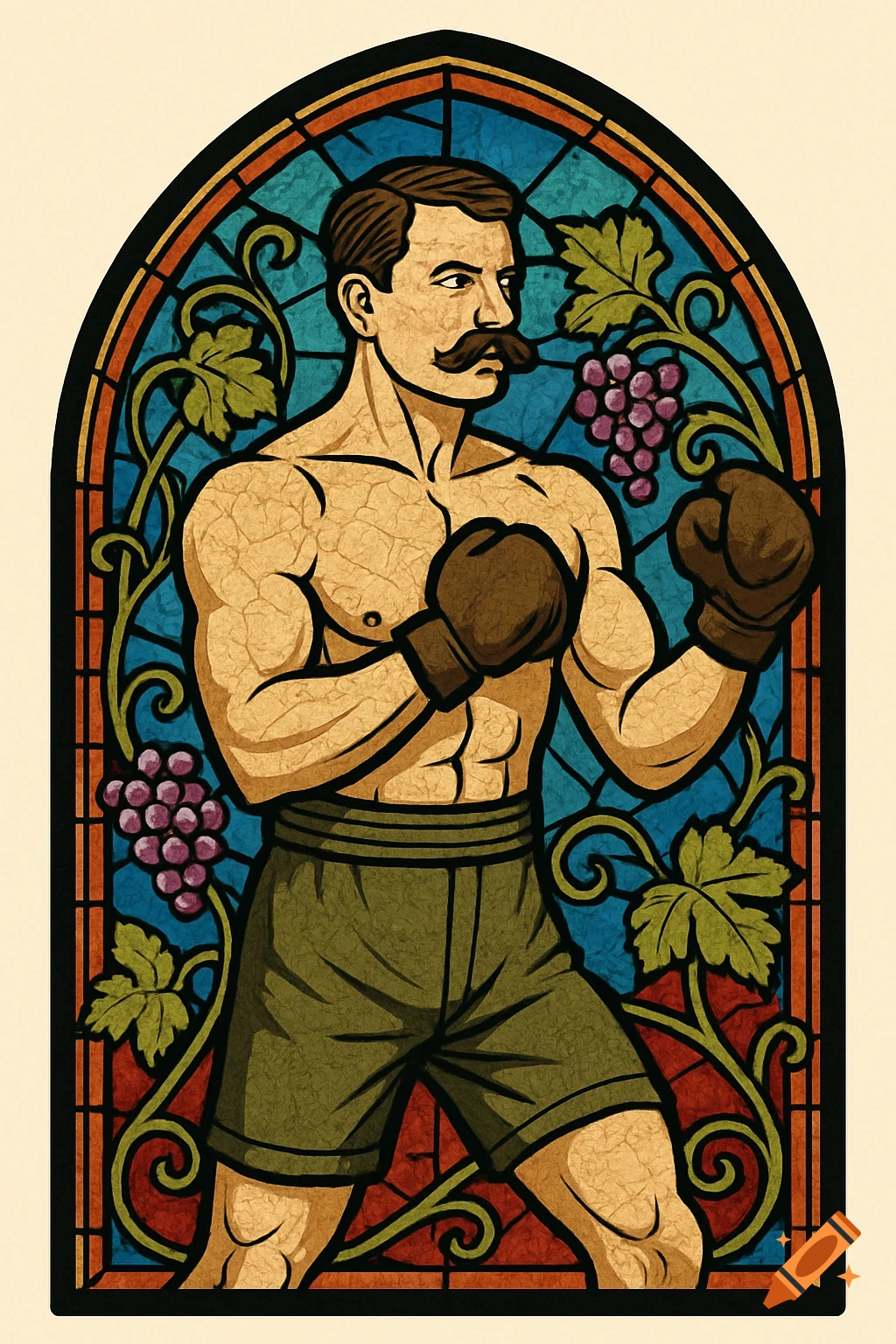 Stained glass art of a 19th-century boxer with a mustache and gloves, surrounded by grape vines in an arched window.
