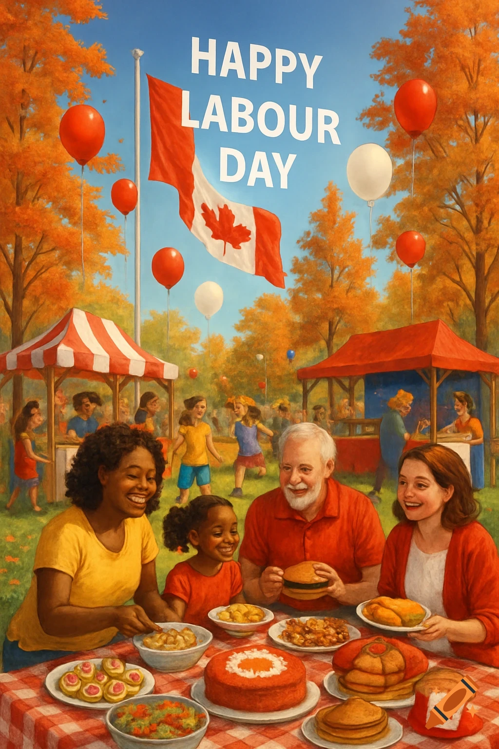Painterly scene of a family picnicking at a Labour Day celebration in a park with a Canadian flag and balloons.