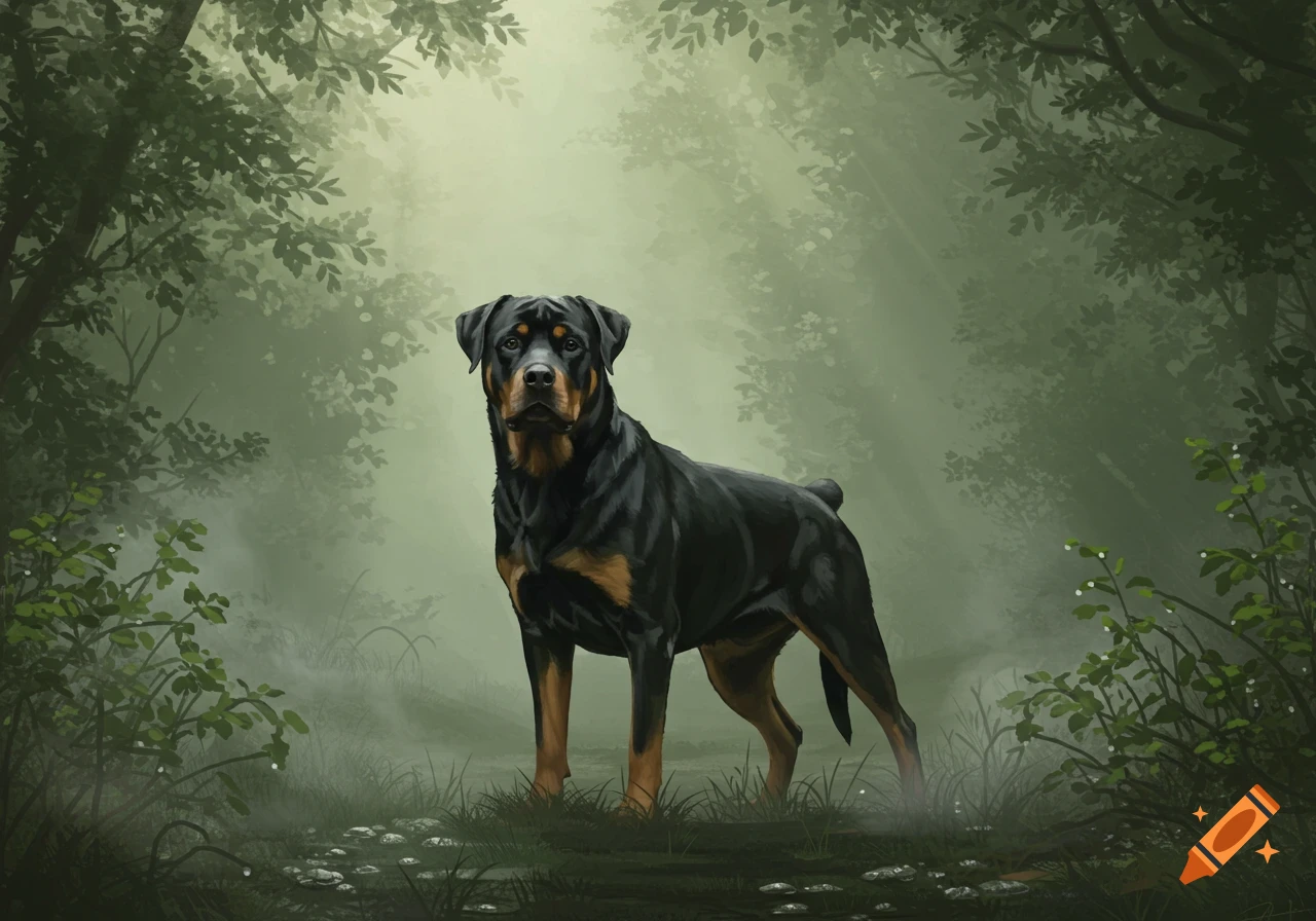 A powerful Rottweiler stands alert in a misty, dark green forest, rendered in a painterly style.