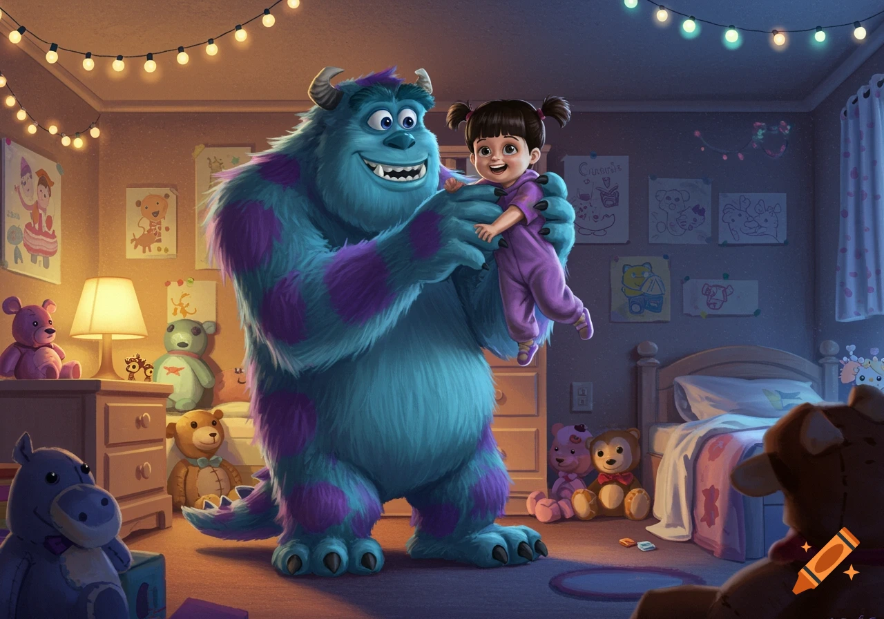 Sulley from Monsters Inc. holds Boo in a softly lit bedroom filled with string lights and toys, in a cartoon style.