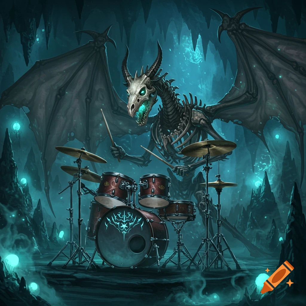A skeleton dragon with glowing eyes plays a full drum kit in a dark, glowing blue cavern.